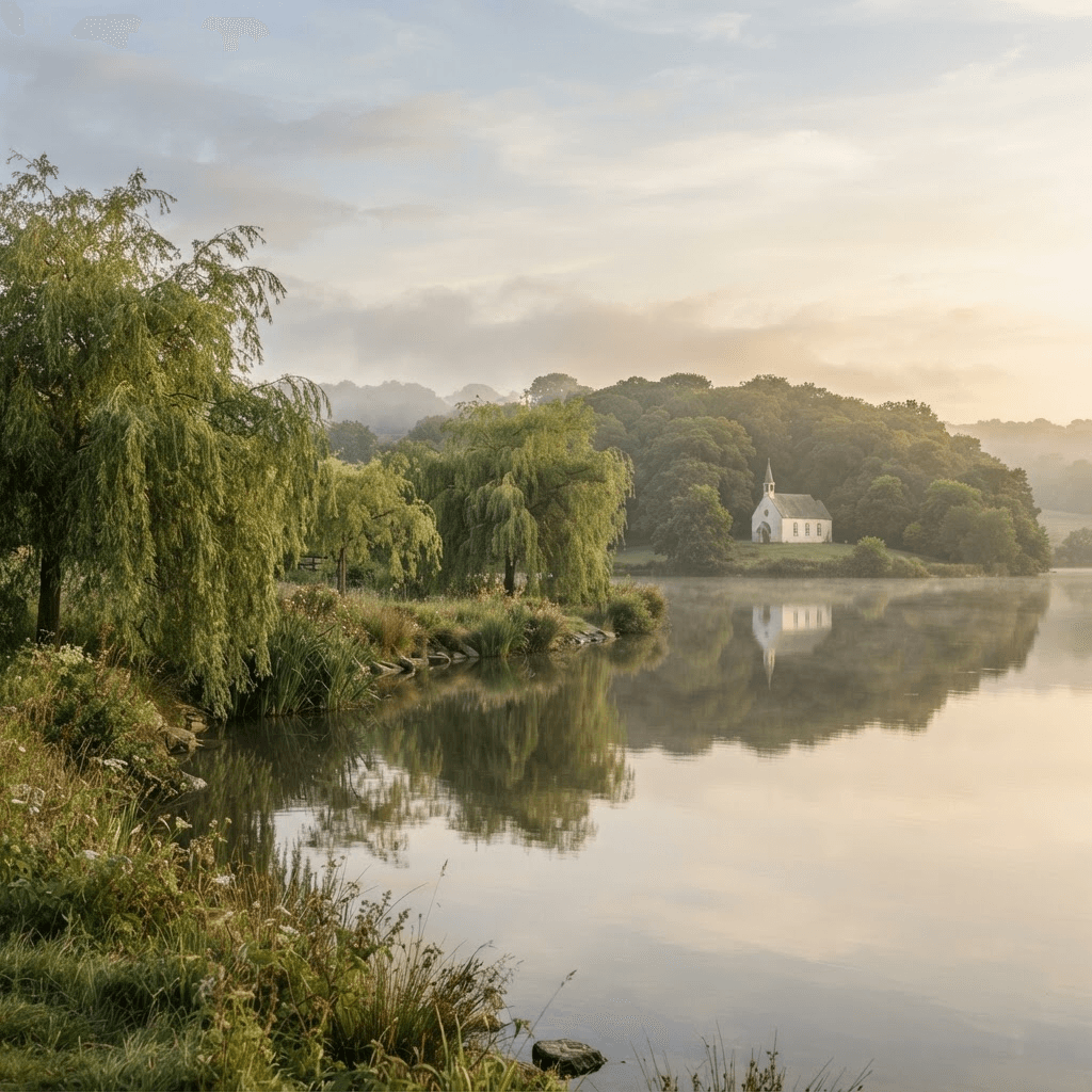 Peaceful lakeside landscape at golden hour
